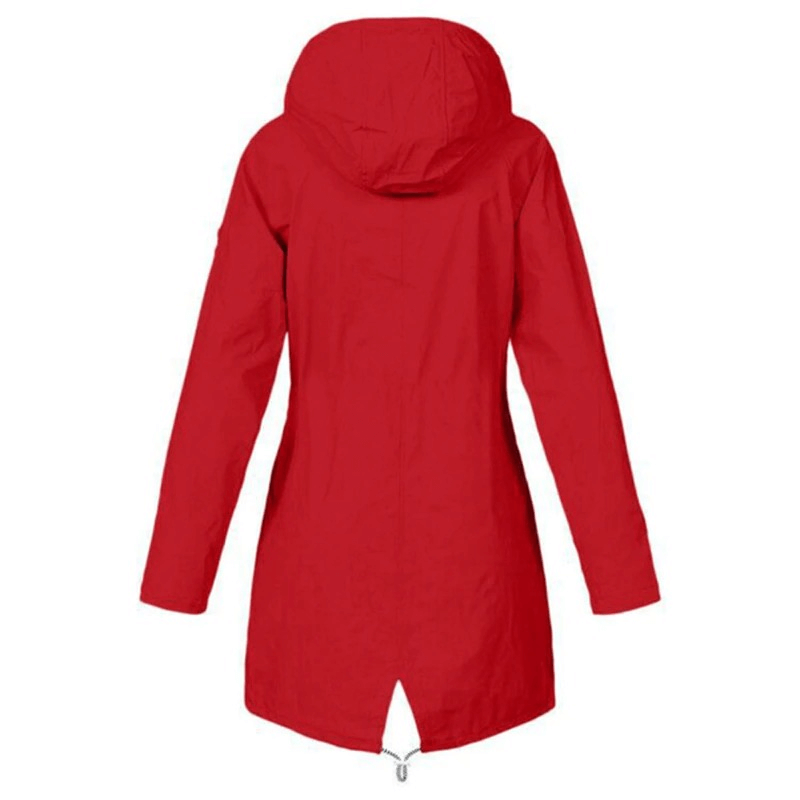 Bright red waterproof hooded rain jacket with long sleeves, windproof and lightweight, perfect for outdoor adventures.
